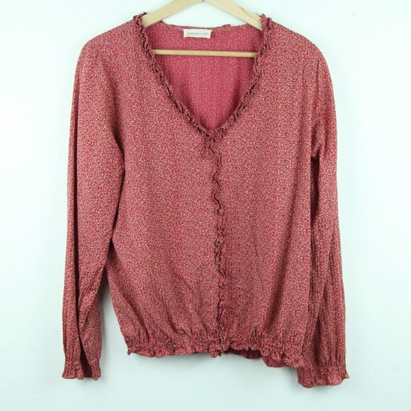 Harris Wilson Medium Top Red Ruffle Dainty Floral Prairie Cottagecore Western - Picture 1 of 9